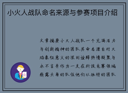 小火人战队命名来源与参赛项目介绍